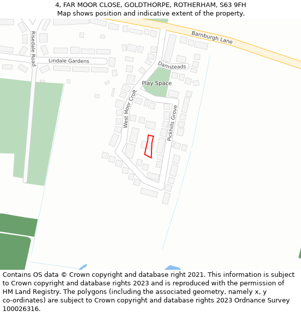 4, FAR MOOR CLOSE, GOLDTHORPE, ROTHERHAM, S63 9FH: Location map and indicative extent of plot