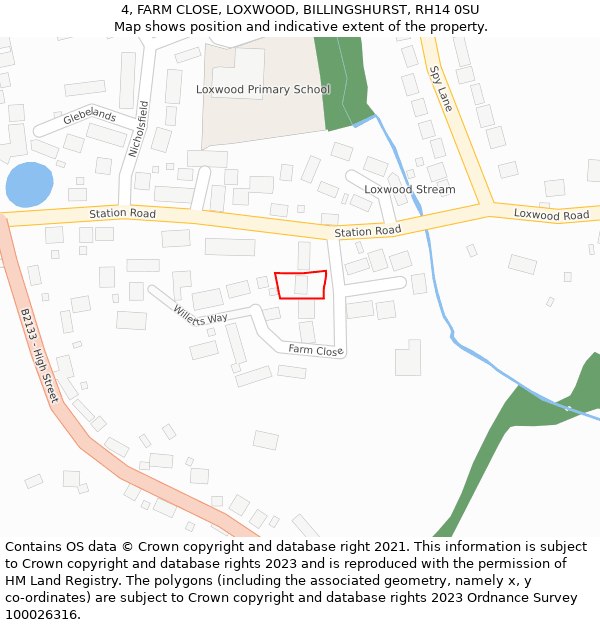 4, FARM CLOSE, LOXWOOD, BILLINGSHURST, RH14 0SU: Location map and indicative extent of plot