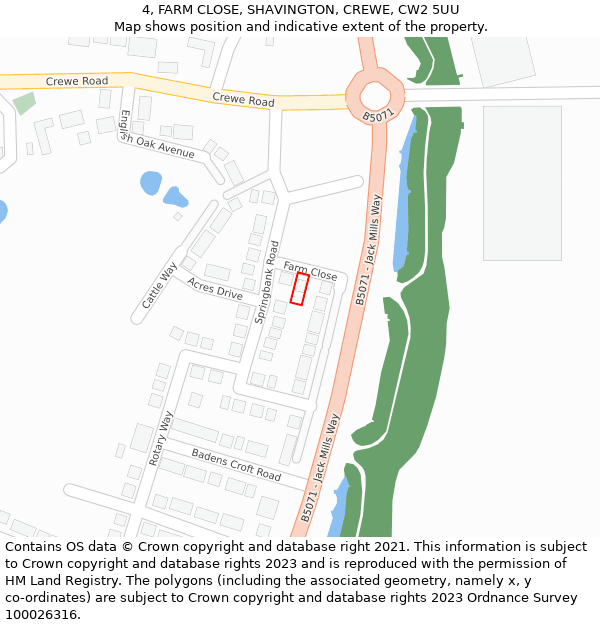 4, FARM CLOSE, SHAVINGTON, CREWE, CW2 5UU: Location map and indicative extent of plot