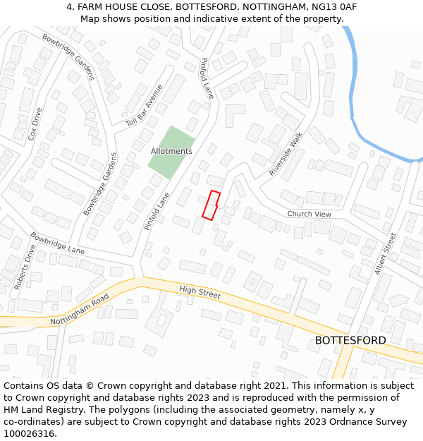4, FARM HOUSE CLOSE, BOTTESFORD, NOTTINGHAM, NG13 0AF: Location map and indicative extent of plot