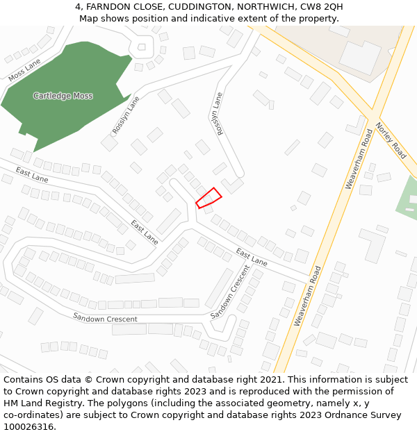 4, FARNDON CLOSE, CUDDINGTON, NORTHWICH, CW8 2QH: Location map and indicative extent of plot