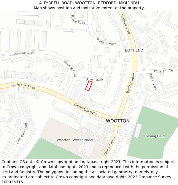 4, FARRELL ROAD, WOOTTON, BEDFORD, MK43 9DU: Location map and indicative extent of plot