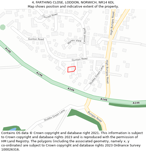 4, FARTHING CLOSE, LODDON, NORWICH, NR14 6DL: Location map and indicative extent of plot