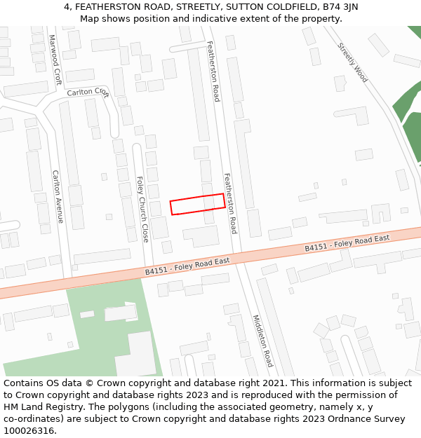 4, FEATHERSTON ROAD, STREETLY, SUTTON COLDFIELD, B74 3JN: Location map and indicative extent of plot