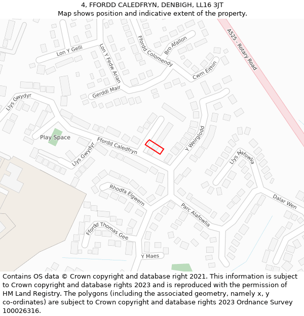 4, FFORDD CALEDFRYN, DENBIGH, LL16 3JT: Location map and indicative extent of plot