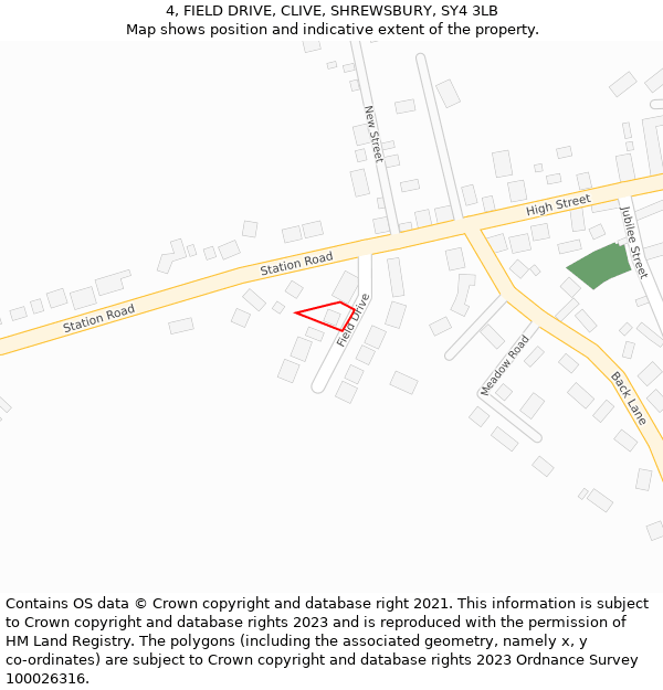 4, FIELD DRIVE, CLIVE, SHREWSBURY, SY4 3LB: Location map and indicative extent of plot