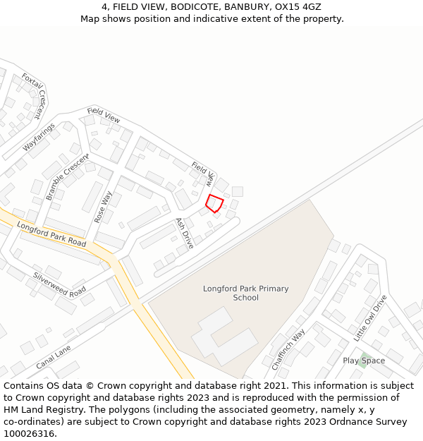 4, FIELD VIEW, BODICOTE, BANBURY, OX15 4GZ: Location map and indicative extent of plot