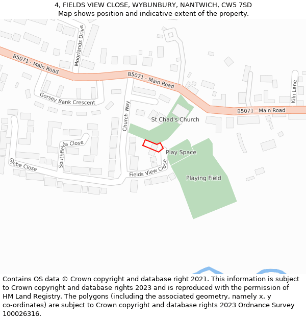 4, FIELDS VIEW CLOSE, WYBUNBURY, NANTWICH, CW5 7SD: Location map and indicative extent of plot