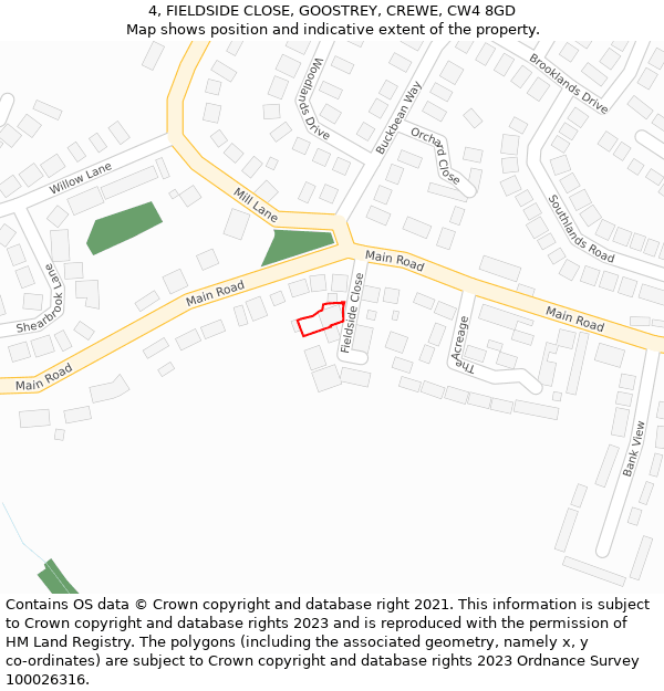 4, FIELDSIDE CLOSE, GOOSTREY, CREWE, CW4 8GD: Location map and indicative extent of plot