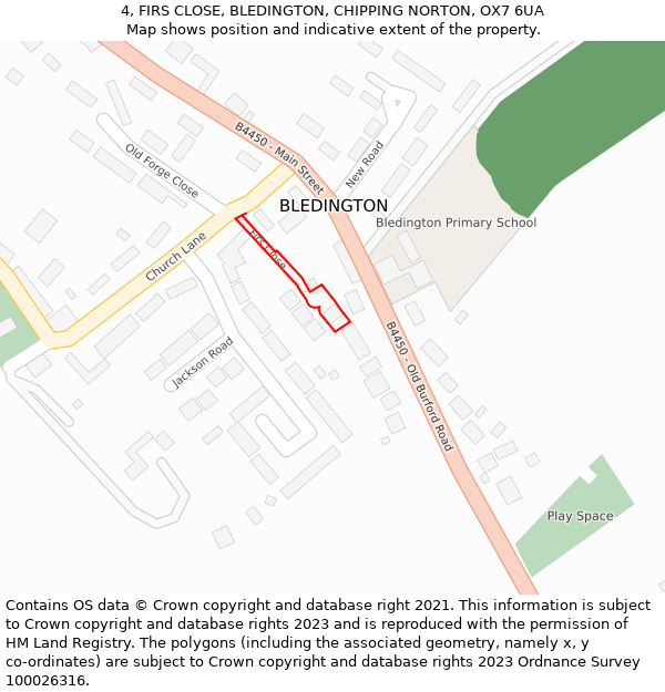 4, FIRS CLOSE, BLEDINGTON, CHIPPING NORTON, OX7 6UA: Location map and indicative extent of plot