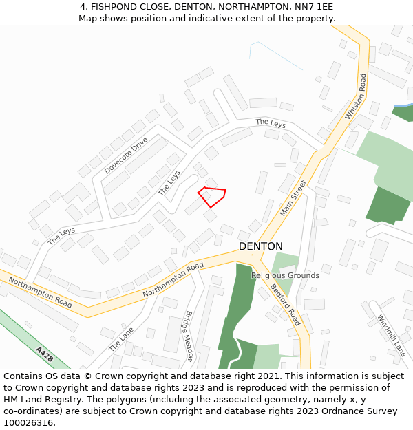 4, FISHPOND CLOSE, DENTON, NORTHAMPTON, NN7 1EE: Location map and indicative extent of plot