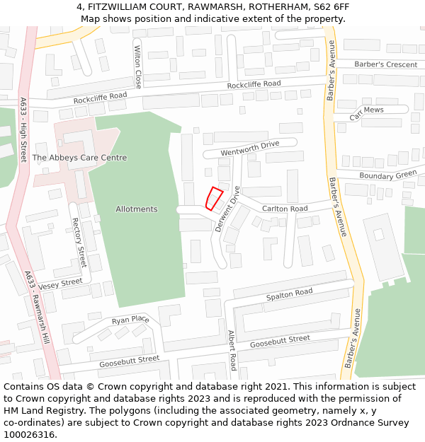 4, FITZWILLIAM COURT, RAWMARSH, ROTHERHAM, S62 6FF: Location map and indicative extent of plot