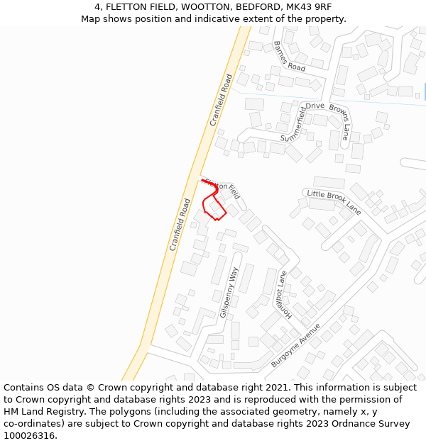 4, FLETTON FIELD, WOOTTON, BEDFORD, MK43 9RF: Location map and indicative extent of plot