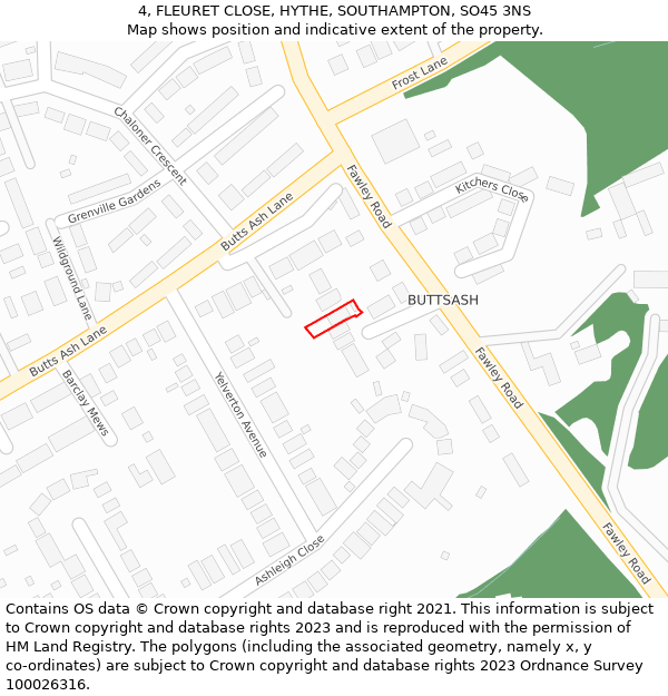 4, FLEURET CLOSE, HYTHE, SOUTHAMPTON, SO45 3NS: Location map and indicative extent of plot