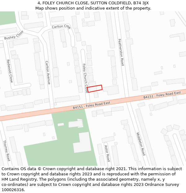 4, FOLEY CHURCH CLOSE, SUTTON COLDFIELD, B74 3JX: Location map and indicative extent of plot