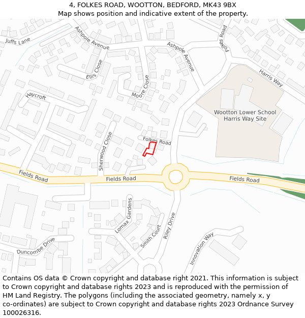 4, FOLKES ROAD, WOOTTON, BEDFORD, MK43 9BX: Location map and indicative extent of plot