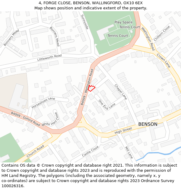 4, FORGE CLOSE, BENSON, WALLINGFORD, OX10 6EX: Location map and indicative extent of plot