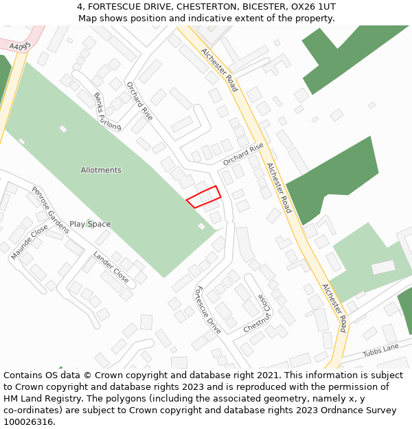4, FORTESCUE DRIVE, CHESTERTON, BICESTER, OX26 1UT: Location map and indicative extent of plot