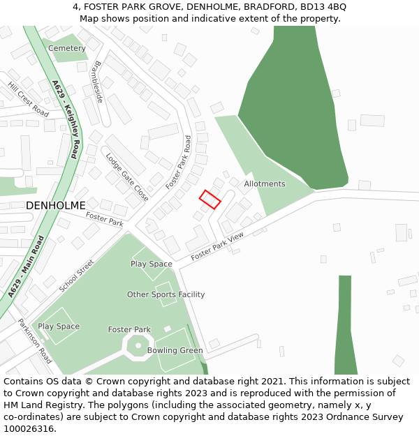 4, FOSTER PARK GROVE, DENHOLME, BRADFORD, BD13 4BQ: Location map and indicative extent of plot