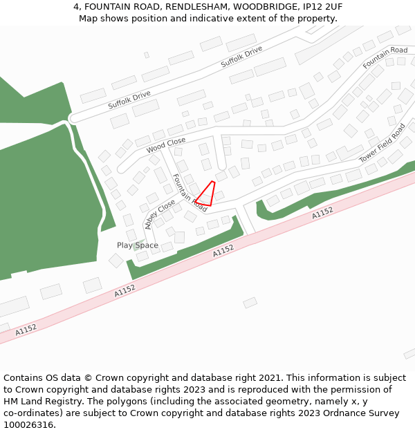 4, FOUNTAIN ROAD, RENDLESHAM, WOODBRIDGE, IP12 2UF: Location map and indicative extent of plot