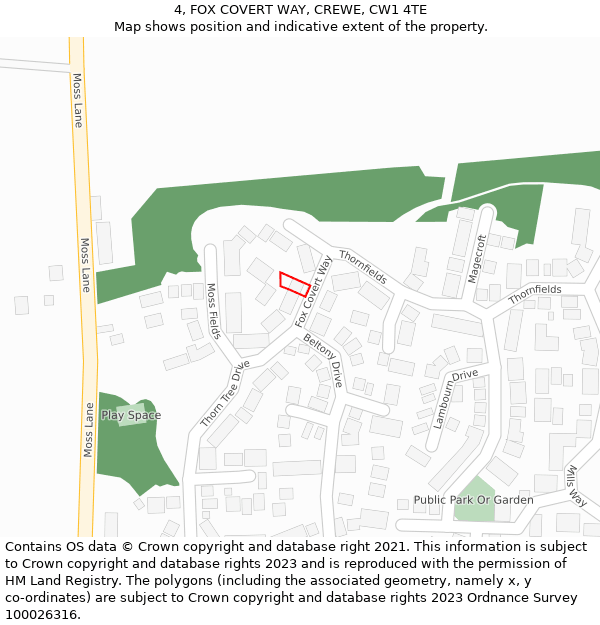 4, FOX COVERT WAY, CREWE, CW1 4TE: Location map and indicative extent of plot