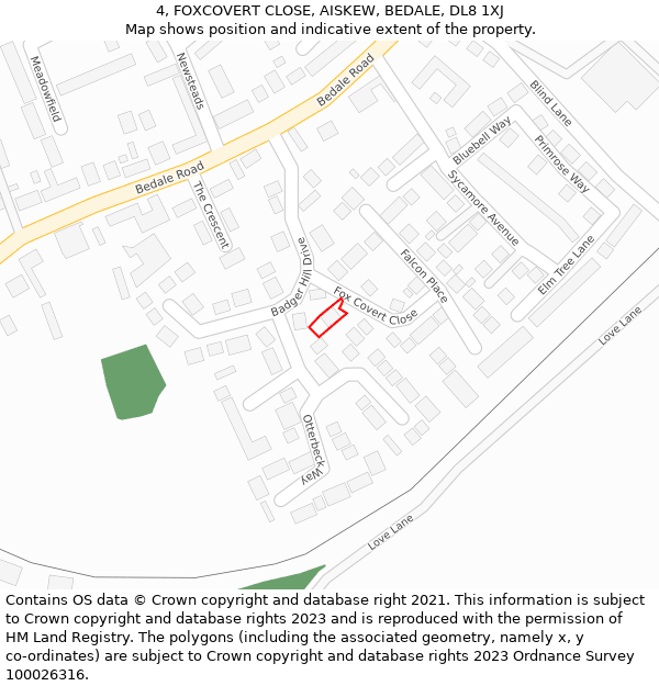 4, FOXCOVERT CLOSE, AISKEW, BEDALE, DL8 1XJ: Location map and indicative extent of plot