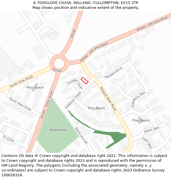 4, FOXGLOVE CHASE, WILLAND, CULLOMPTON, EX15 2TP: Location map and indicative extent of plot