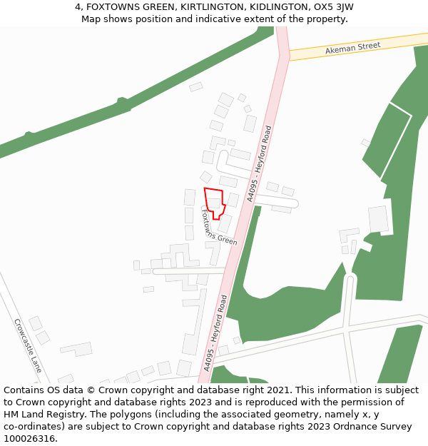 4, FOXTOWNS GREEN, KIRTLINGTON, KIDLINGTON, OX5 3JW: Location map and indicative extent of plot