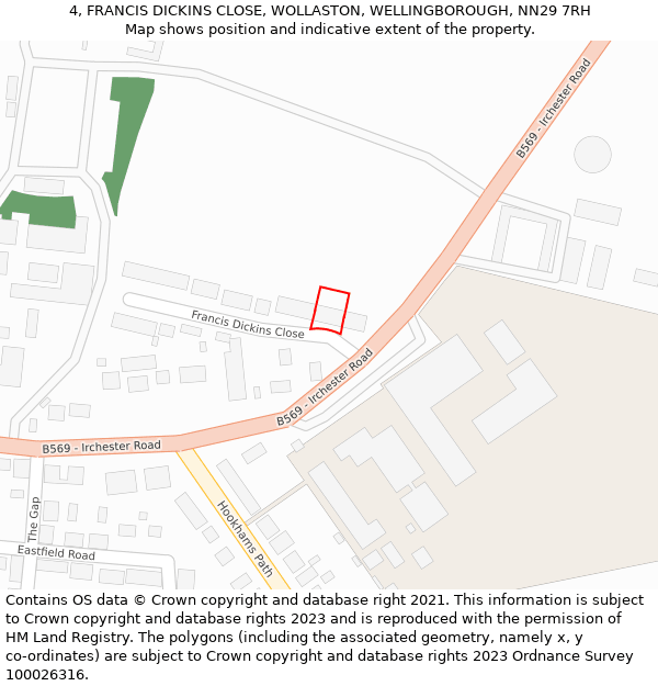 4, FRANCIS DICKINS CLOSE, WOLLASTON, WELLINGBOROUGH, NN29 7RH: Location map and indicative extent of plot