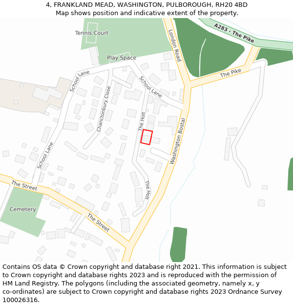 4, FRANKLAND MEAD, WASHINGTON, PULBOROUGH, RH20 4BD: Location map and indicative extent of plot