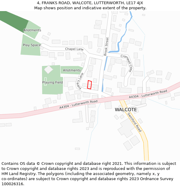 4, FRANKS ROAD, WALCOTE, LUTTERWORTH, LE17 4JX: Location map and indicative extent of plot