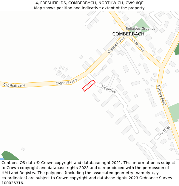 4, FRESHFIELDS, COMBERBACH, NORTHWICH, CW9 6QE: Location map and indicative extent of plot