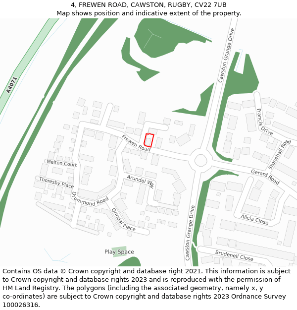 4, FREWEN ROAD, CAWSTON, RUGBY, CV22 7UB: Location map and indicative extent of plot