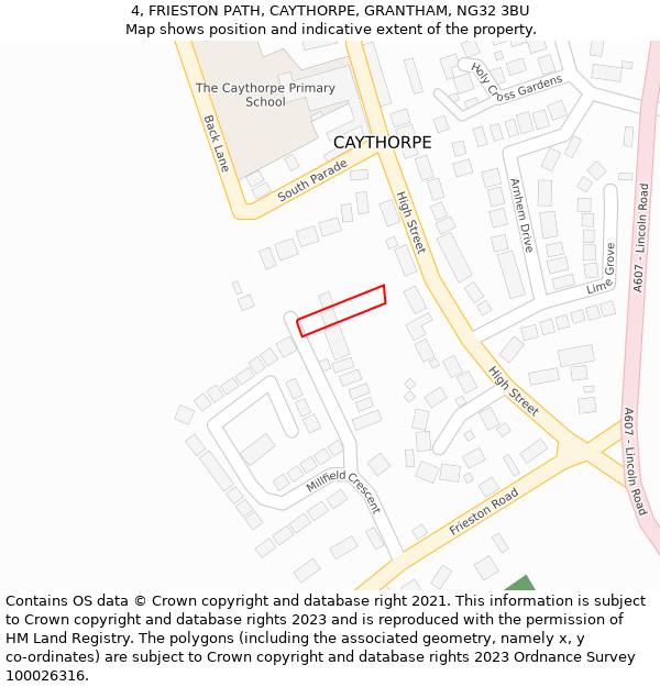 4, FRIESTON PATH, CAYTHORPE, GRANTHAM, NG32 3BU: Location map and indicative extent of plot