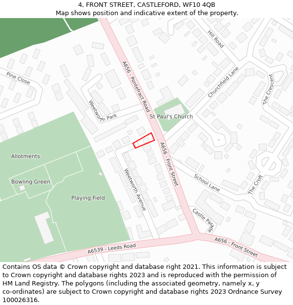 4, FRONT STREET, CASTLEFORD, WF10 4QB: Location map and indicative extent of plot