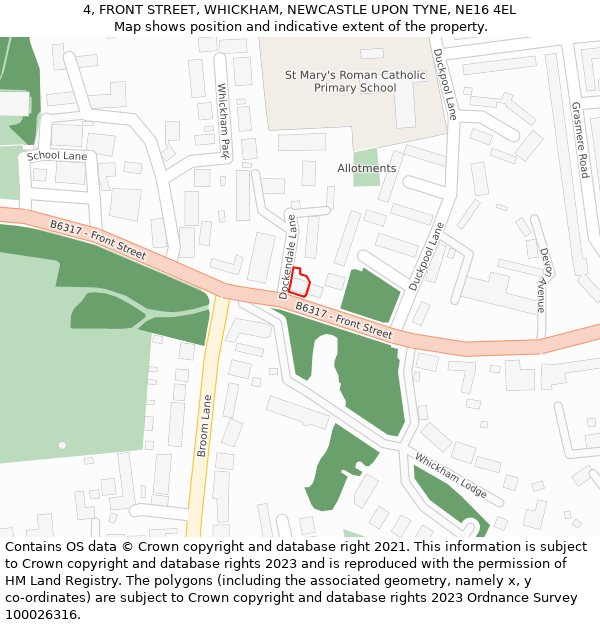 4, FRONT STREET, WHICKHAM, NEWCASTLE UPON TYNE, NE16 4EL: Location map and indicative extent of plot