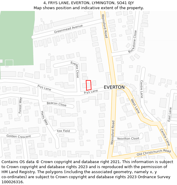 4, FRYS LANE, EVERTON, LYMINGTON, SO41 0JY: Location map and indicative extent of plot