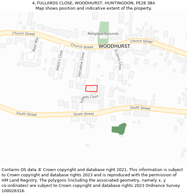 4, FULLARDS CLOSE, WOODHURST, HUNTINGDON, PE28 3BA: Location map and indicative extent of plot