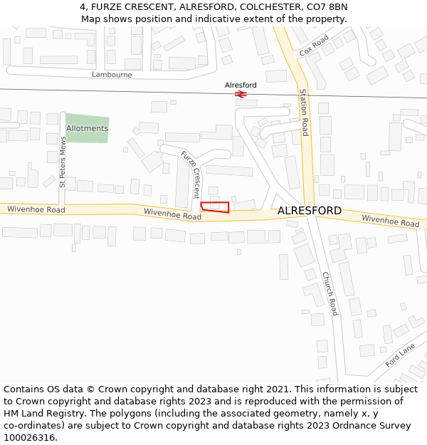 4, FURZE CRESCENT, ALRESFORD, COLCHESTER, CO7 8BN: Location map and indicative extent of plot