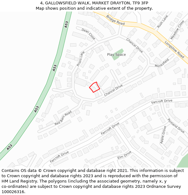 4, GALLOWSFIELD WALK, MARKET DRAYTON, TF9 3FP: Location map and indicative extent of plot