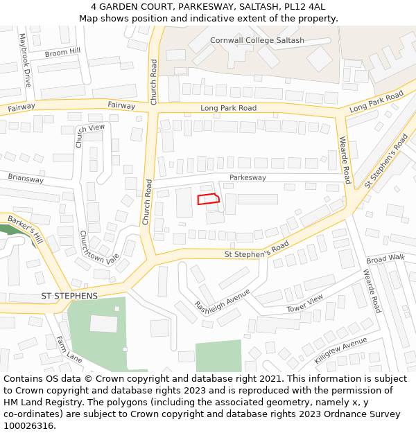 4 GARDEN COURT, PARKESWAY, SALTASH, PL12 4AL: Location map and indicative extent of plot