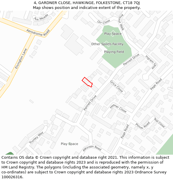 4, GARDNER CLOSE, HAWKINGE, FOLKESTONE, CT18 7QJ: Location map and indicative extent of plot