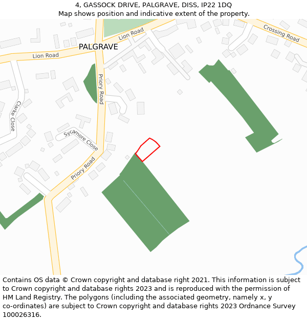 4, GASSOCK DRIVE, PALGRAVE, DISS, IP22 1DQ: Location map and indicative extent of plot