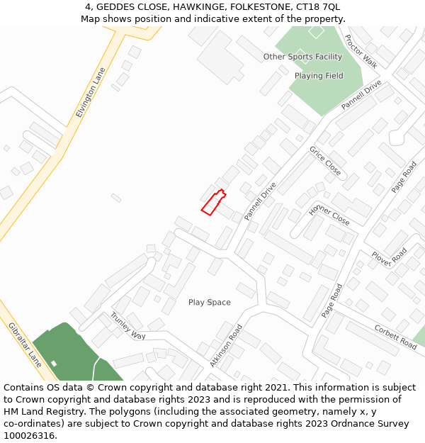 4, GEDDES CLOSE, HAWKINGE, FOLKESTONE, CT18 7QL: Location map and indicative extent of plot