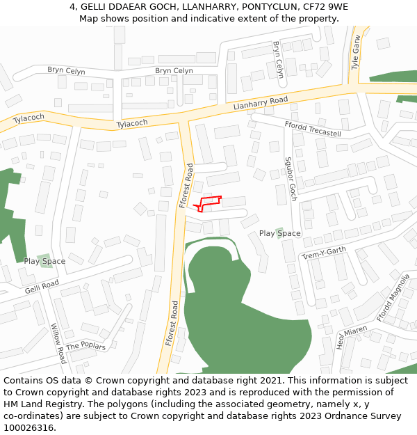 4, GELLI DDAEAR GOCH, LLANHARRY, PONTYCLUN, CF72 9WE: Location map and indicative extent of plot