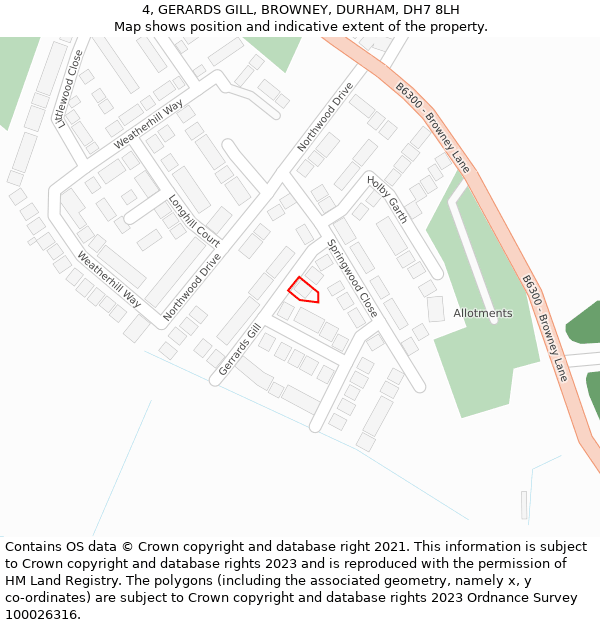 4, GERARDS GILL, BROWNEY, DURHAM, DH7 8LH: Location map and indicative extent of plot