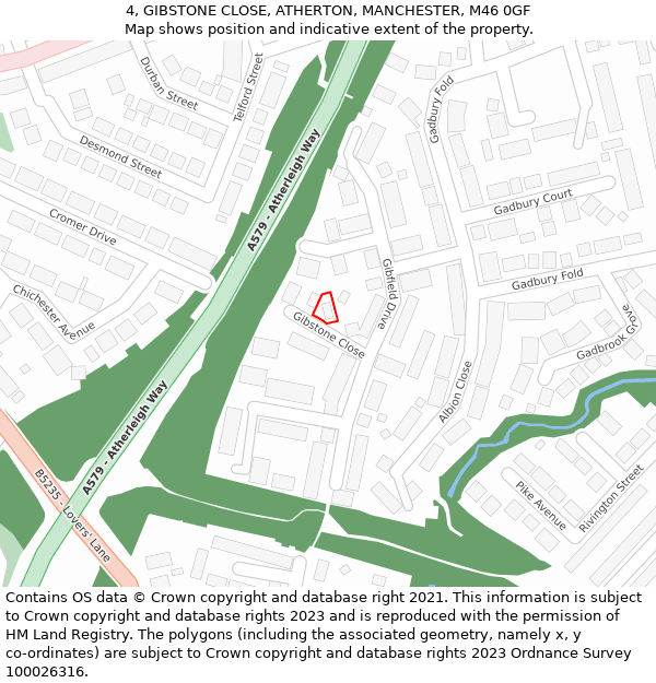 4, GIBSTONE CLOSE, ATHERTON, MANCHESTER, M46 0GF: Location map and indicative extent of plot