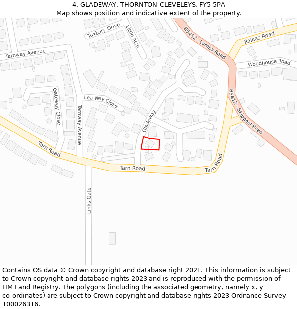 4, GLADEWAY, THORNTON-CLEVELEYS, FY5 5PA: Location map and indicative extent of plot