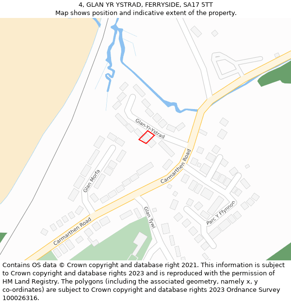 4, GLAN YR YSTRAD, FERRYSIDE, SA17 5TT: Location map and indicative extent of plot