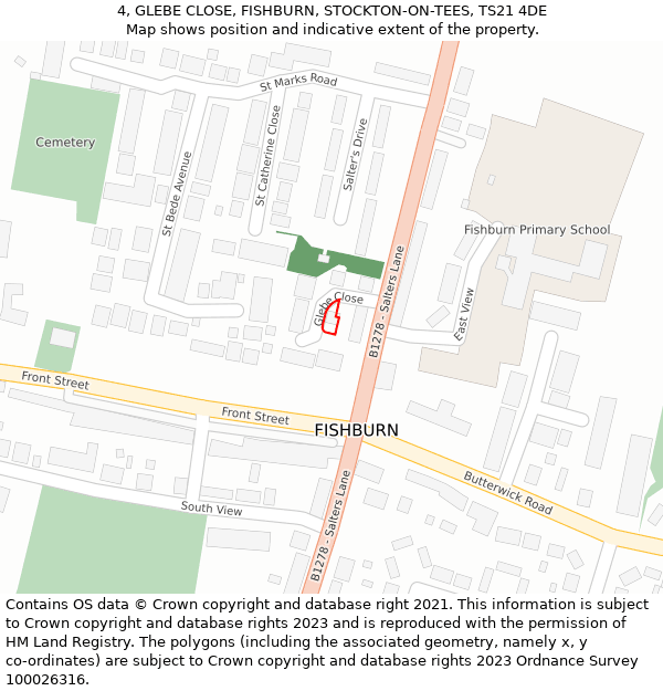 4, GLEBE CLOSE, FISHBURN, STOCKTON-ON-TEES, TS21 4DE: Location map and indicative extent of plot